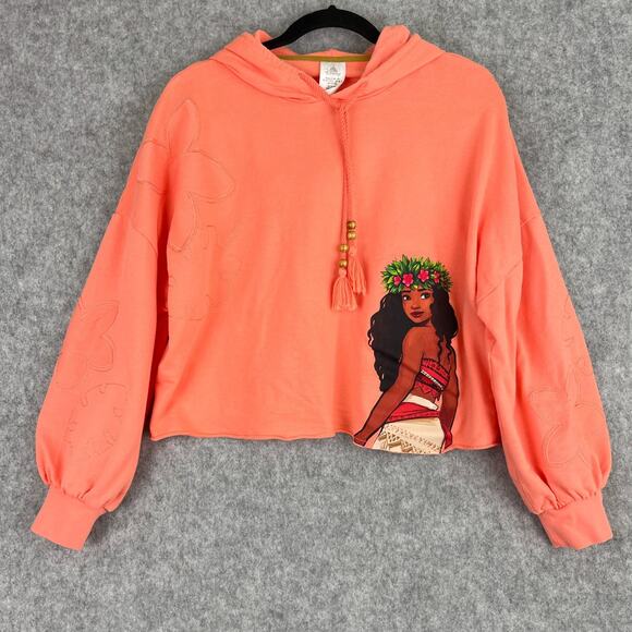 Disney Tops - Disney Moana Sweatshirt Womens Large Orange Cropped Oversized Embroidered Tassel